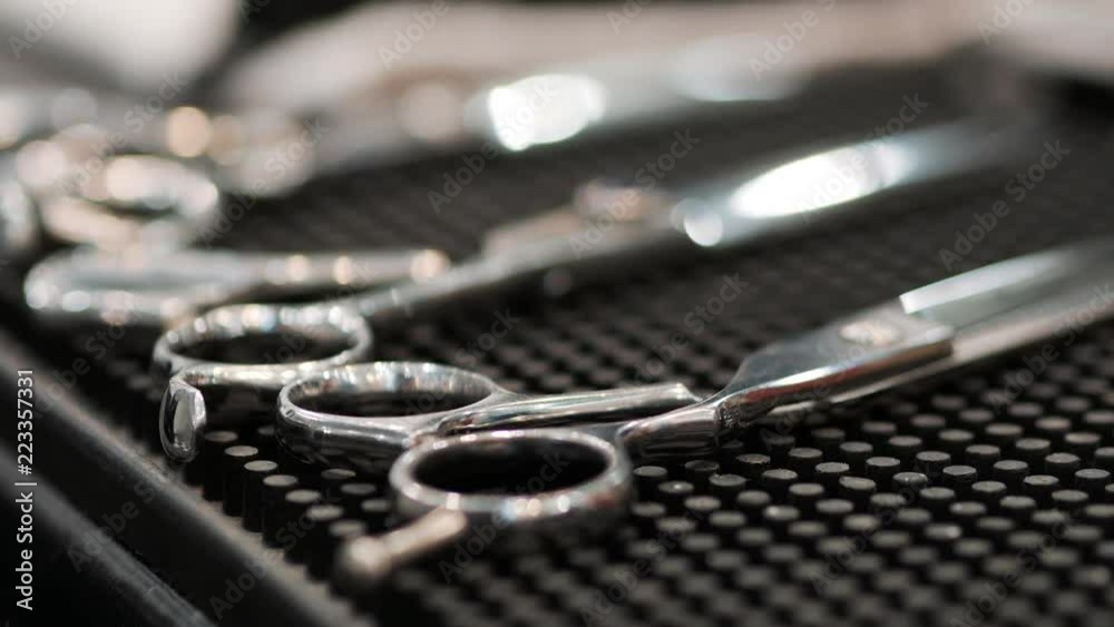 Panoramic shot of the shears on the table Panoramic shot of the shears on the table