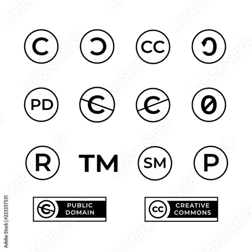 Different copyright icons set with creative commons and public domain signs.