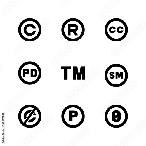 Intellectual property icons: copyright, creative commons, trademark, public domain, all rights reserved, service, sounnd recording.