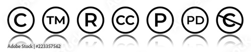 Cet of circular copyright and trademark icons. Right reserved signs.