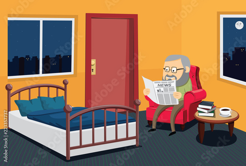 Grandpa sitting on the old armchair and reading a newspaper in home. Cartoon vector illustration.