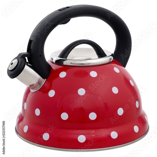 Red kettle with a pattern of white circles isolated on a white background