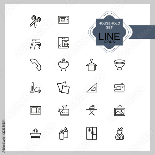Household icons. Set of line icons. Ironing, faucet, oven. Housekeeping concept. Vector illustration can be used for topics like home appliance, decoration, housecleaning.