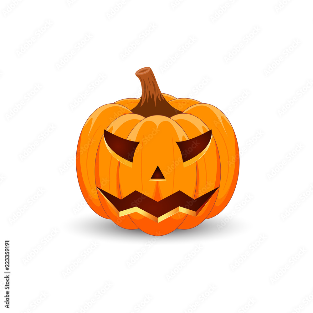 Pumpkin on white background. The main symbol of the Happy Halloween holiday. Orange pumpkin with smile for your design for the holiday Halloween. Vector illustration.