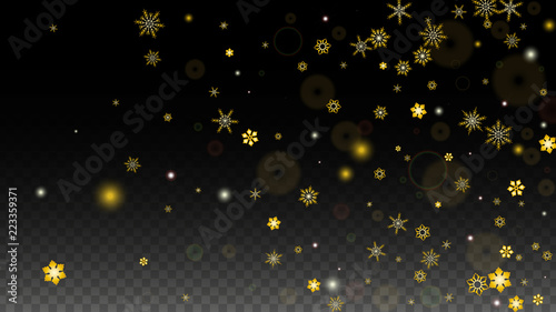 Christmas Vector Background with Gold Falling Snowflakes Isolated on Transparent Background. Realistic Snow Sparkle Pattern. Snowfall Overlay Print. Winter Sky. Design for Party Invitation.