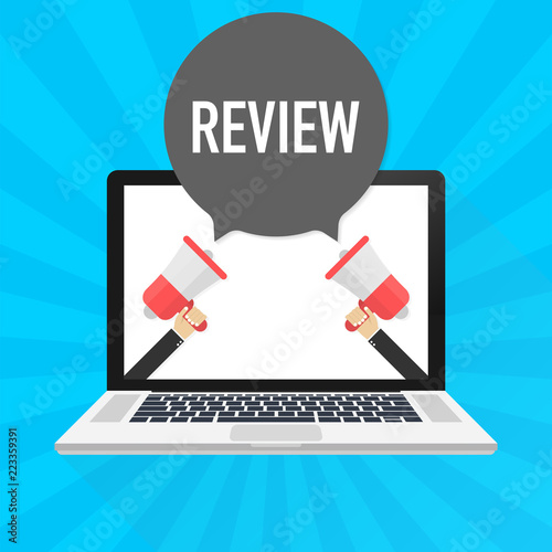 Laptop notebook computer screen. Hand holding megaphone. Review text in speech bubble. Vector illustration.