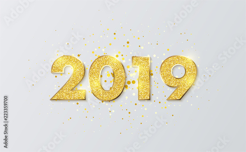 Gold shiny 2019 New Year sign on white background.