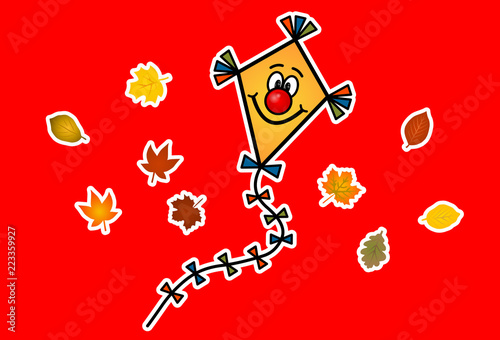 Lustiger Papierdrachen mit buntem, fliegenden Herbstlaub vor rotem Hintergrund / Vektor-Illustrations-Set 