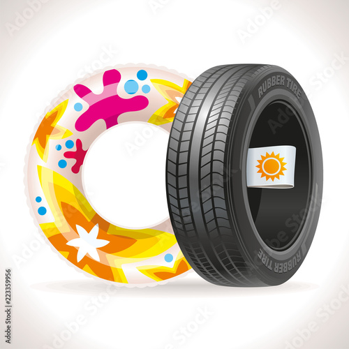 Summer tire and rubber ring. Summer tires with a summer label together with a rubber ring remind of change of tires.