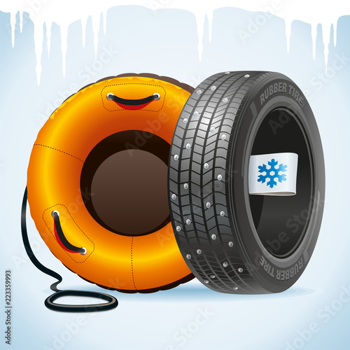 Winter tire and snow tubing. Winter tire with a winter label together with a snow tubing remind of change of tires.