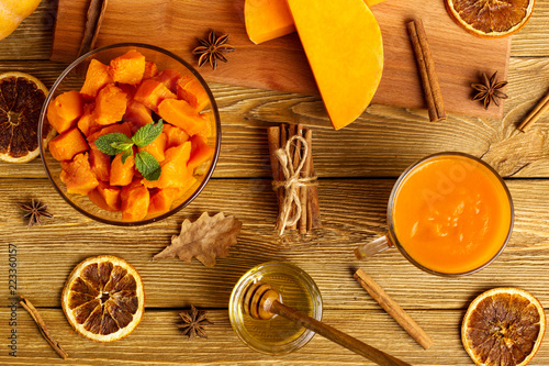 Pumpkin smoothie for Thanksgiving, autumn drink. Top view.