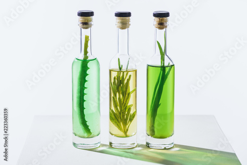 transparent bottles of essential green and yellow oils with plants on white surface