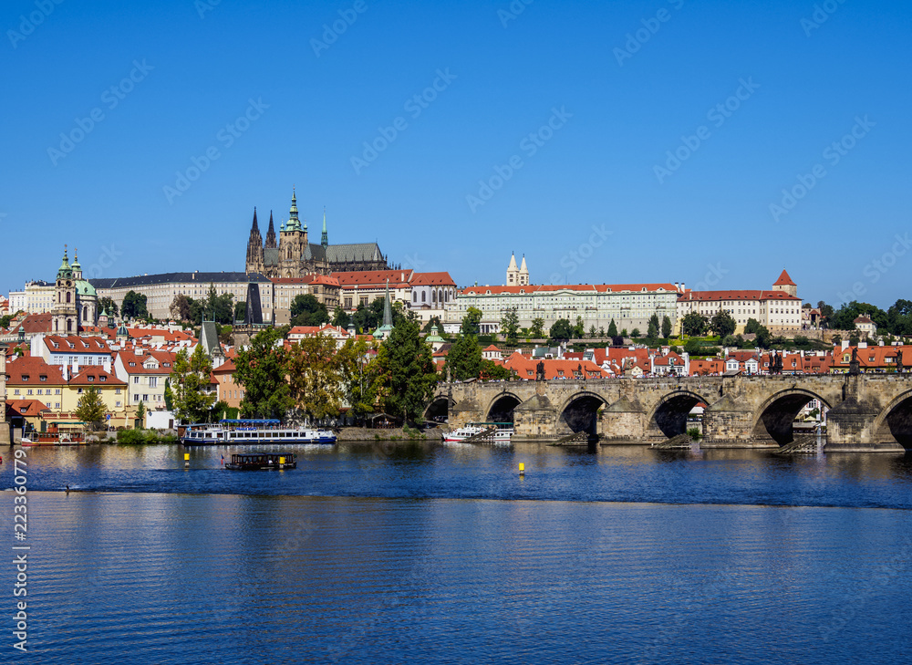 View over Vltava River and Charles Bridge towards Castle with Cathedral, Prague, Bohemia Region, Czech Republic