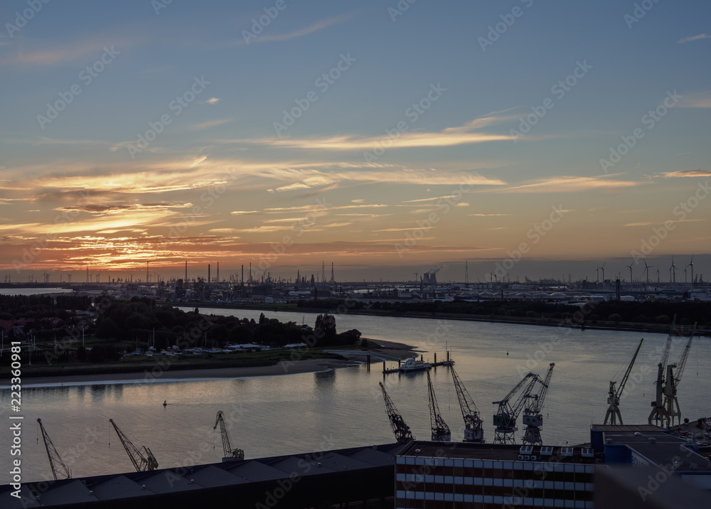 Sunset over the River Scheldt and Port of Antwerp, Belgium