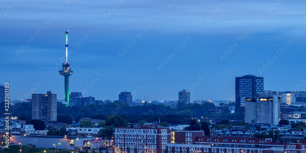 Skyline with Euromast at twilight, Rotterdam, South Holland, The Netherlands
