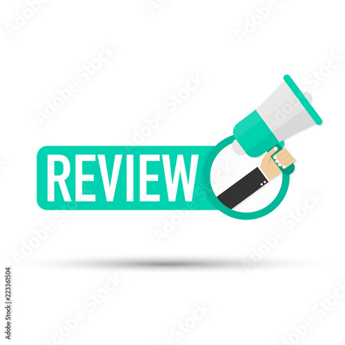 Hand holding megaphone - Review. Vector illustration. 