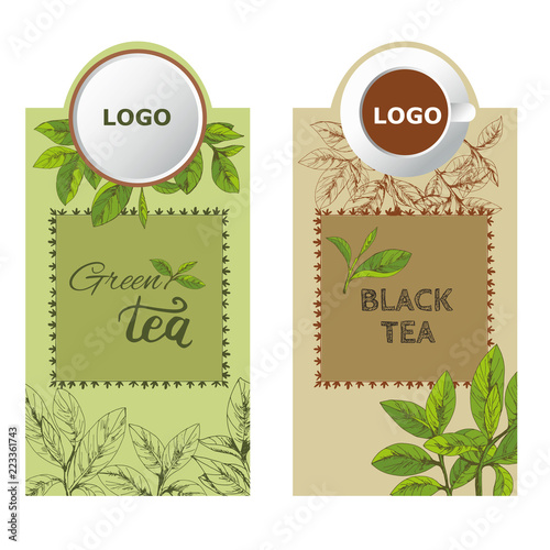 green black tea labels set, tea logo, hand-drawn
