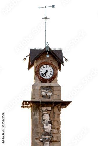 Small old stone clock tower, on white background.