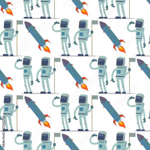 Astronaut in space vector character having fun spaceman galaxy cosmos atmosphere astronautics system fantasy traveler man seamless pattern background.