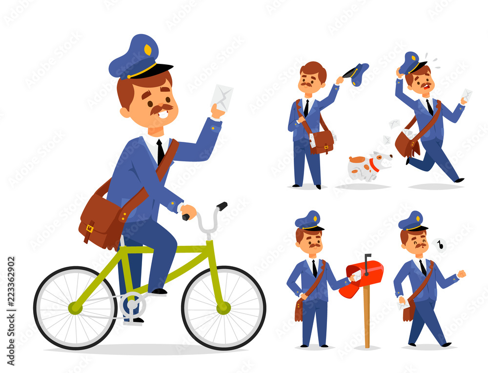 Postman delivery man character vector courier occupation carrier package mail shipping deliver professional people with envelope.
