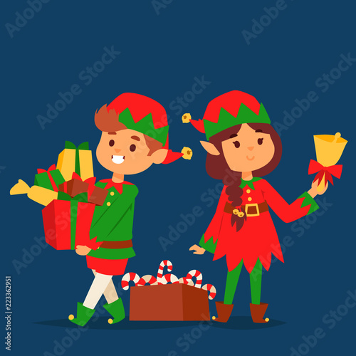 Santa Claus elf kids cartoon elf helpers vector christmas illustration children elves characters traditional costume