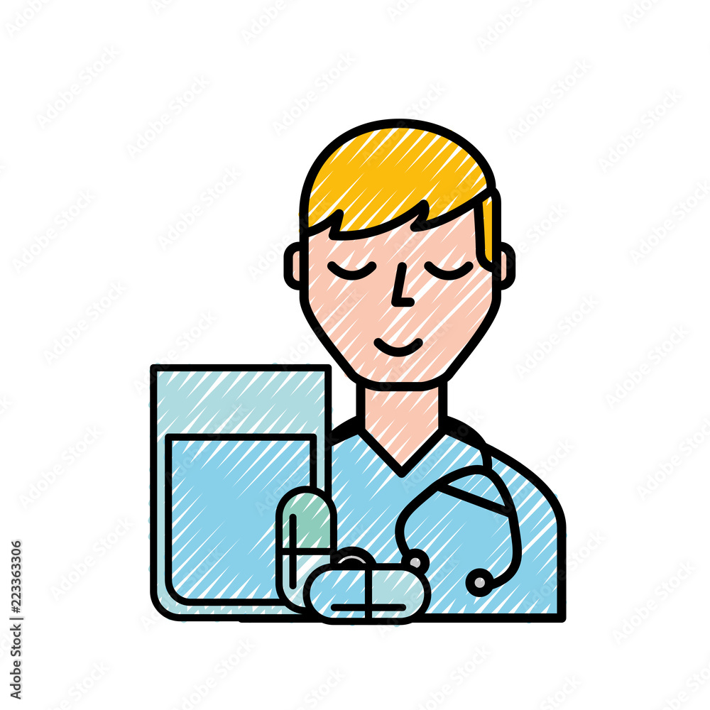 doctor cartoon with stethoscope and water pills doctor cartoon with stethoscope and water pills