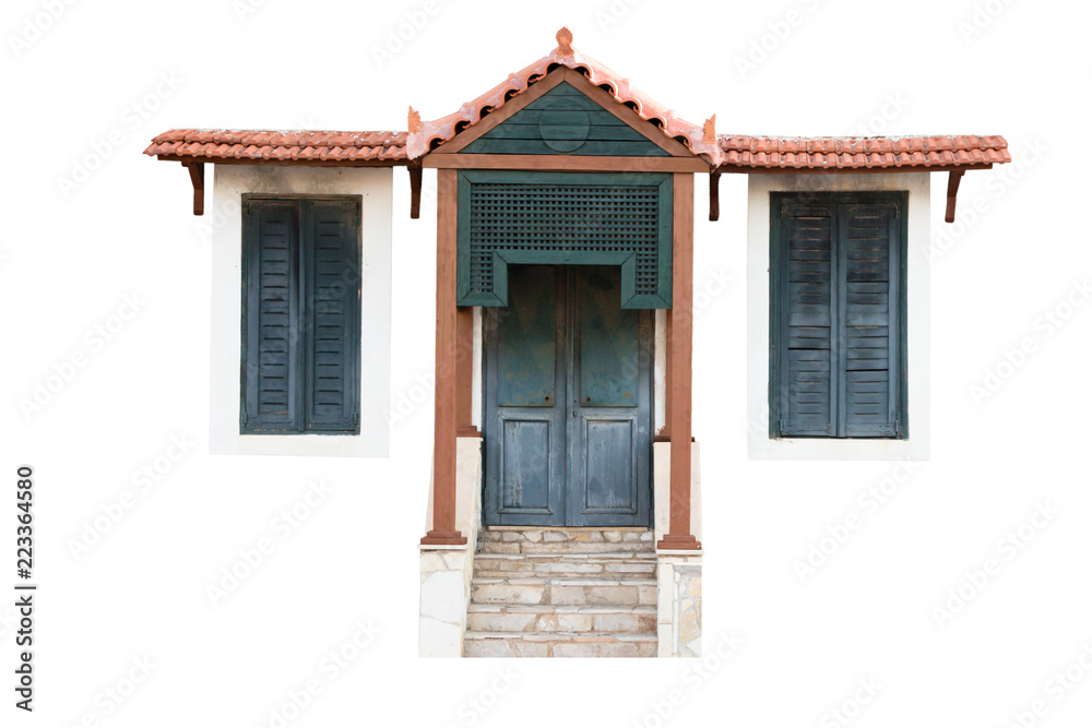Wooden ornamental door and windows with shatters and roof tiles, on white background.