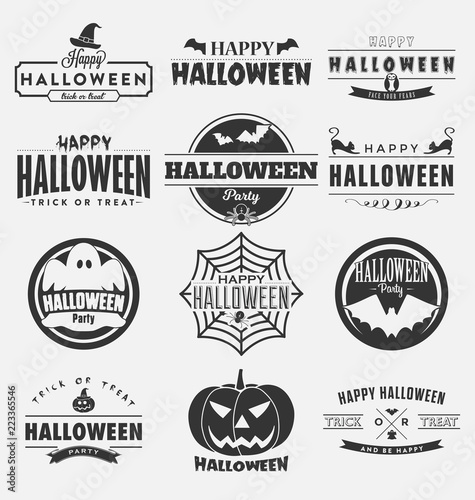 Happy halloween vector design collection. A set of twelve dark colored vintage style Halloween Day emblem, sign, label on light background