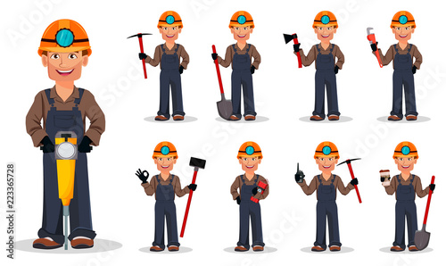 Miner man, mining worker. Cartoon character