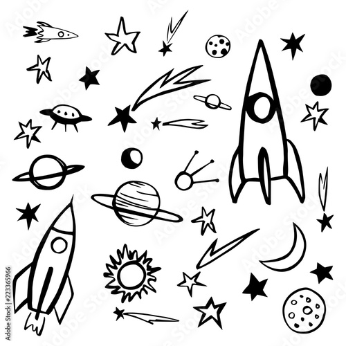 Hand drawn space objects. Planets, comets, rockets.Vector sketch  illustration.
