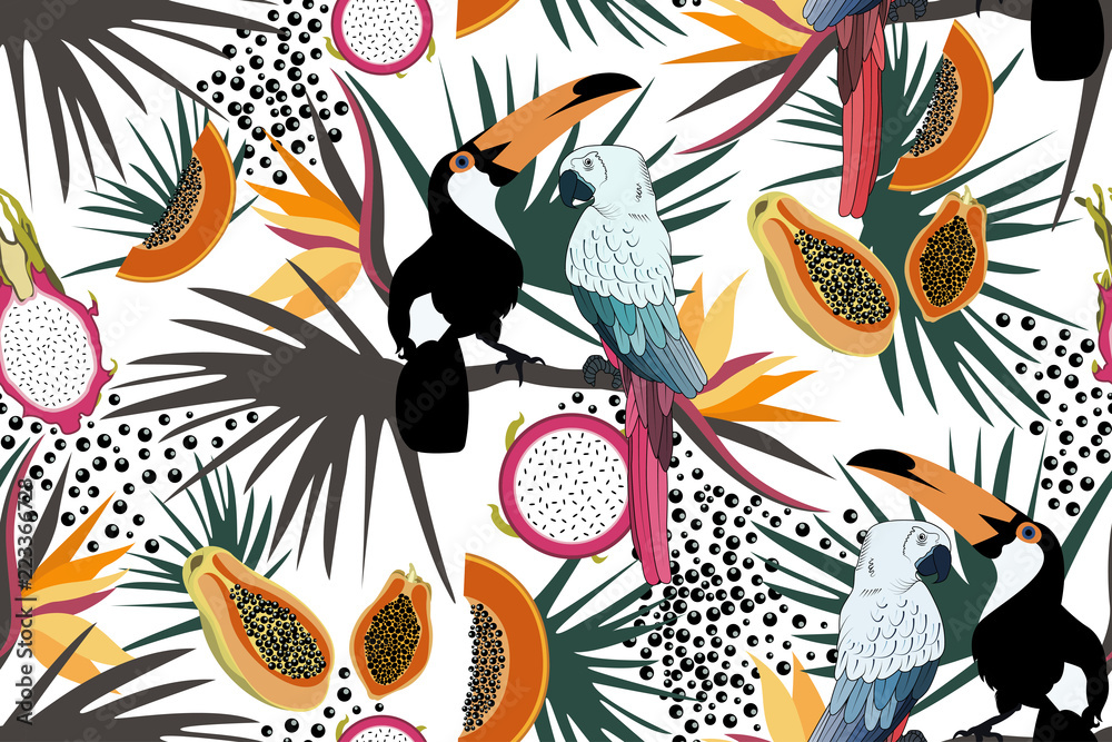 Obraz premium Tropikalny wzór z słodkie tukany, papugi, kwiaty, papaje, owoc smoka i liście. Egzotyczne tło wektor lato. Tekstura tkaniny