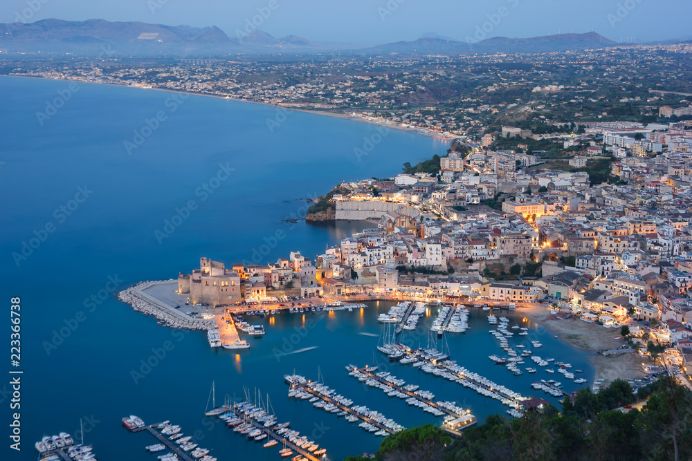 Blue hour view on Castellammare del Golfo in northern Sicily, Italy.