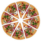 Group of vector colorful illustrations on the pizza theme; pieces of meat pizza. Pictures contain realistic shadows and glare.