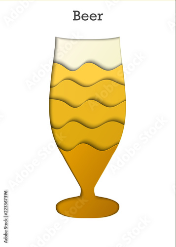 Mug of beer in paper cut style. Abstract paper waves, layers, 3d art. Vector illustration