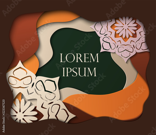Card in paper cut style with mandalas, minimal template design. Abstract paper waves, layers, 3d art. Vector illustration
