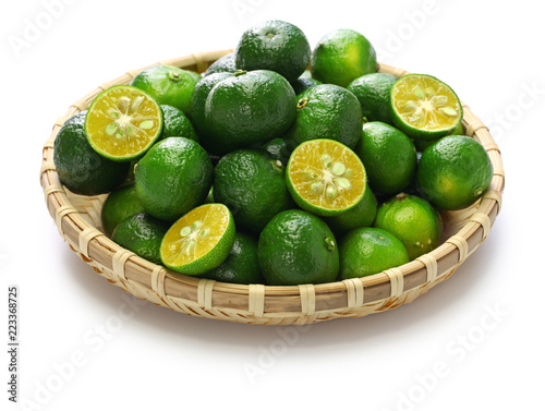 citrus depressa, taiwan tangerine,hirami lemon, thin skinned flat lemon isolated on white background
 photo