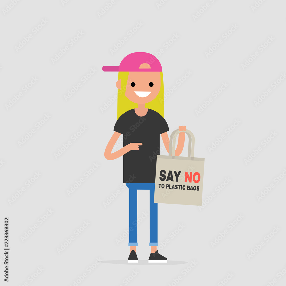 Young female character holding a canvas tote. Eco friendly behaviour. Eco bag. Shopper. Flat editable vector illustration, clip art Young female character holding a canvas tote. Eco friendly behaviour. Eco bag. Shopper. Flat editable vector illustration, clip art