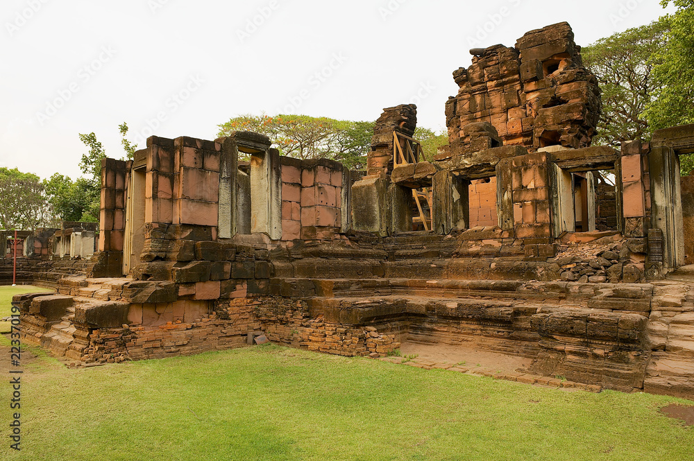 Ruins of the Hindu temple in the Phimai Historical Park in Nakhon Ratchasima, Thailand. It is one of the most important Khmer temples in Thailand.