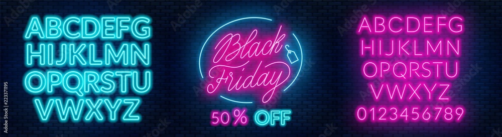 Black Friday neon lettering on brick wall background with the alphabet