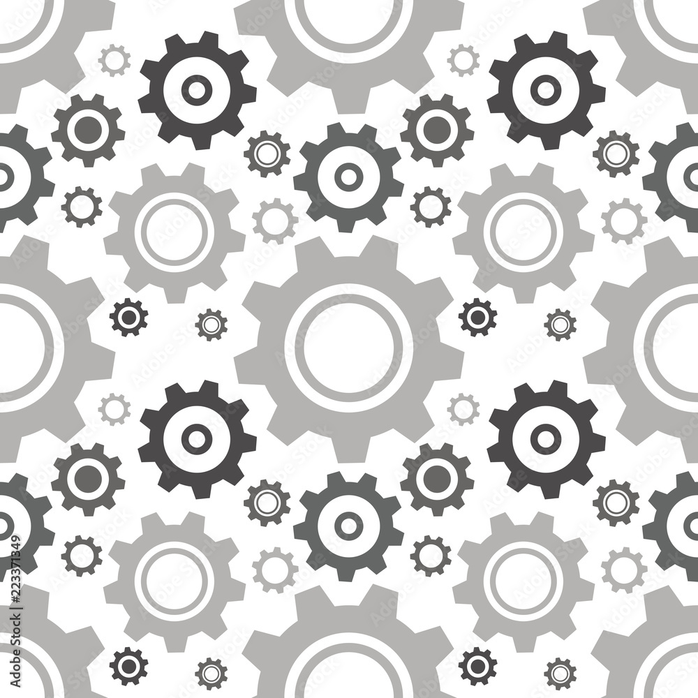 Simple, flat, seamless cogs pattern. Grayscale design. Isolated on white