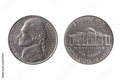 USA half dime nickel coin (25 cents) with a portrait image of Thomas Jefferson obverse and Montecello reverse cut out and isolated on a white background