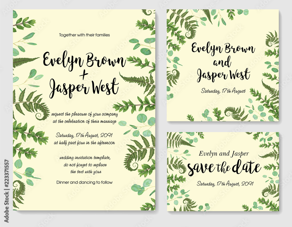 Set of vector wedding invitation, greeting card, save date. Frame of green leaves of fern, boxwood and eucalyptus twigs. Watercolor, rustic style
