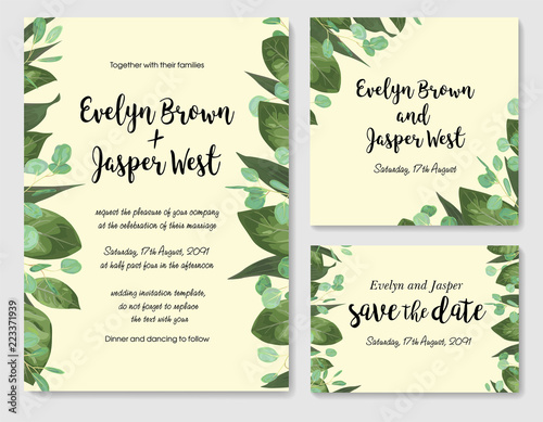 Wedding floral invitation, invite card. Vector watercolor style herbs, eucalyptus, lily leaves, waxflower natural, botanical green. Set horizontal and vertical