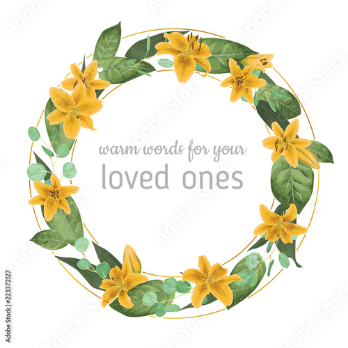 Wedding invite invitation card vector floral greenery design. Eucalyptus, yellow lily, waxflower natural, botanical green, decorative round, circlece