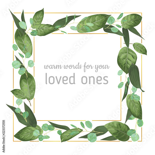 Wedding invite invitation card vector floral greenery design. Eucalyptus, lily leaves, waxflower natural, botanical green, decorative square