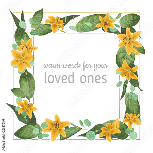 Wedding invite invitation card vector floral greenery design. Eucalyptus, yellow lily, waxflower natural, botanical green, decorative square