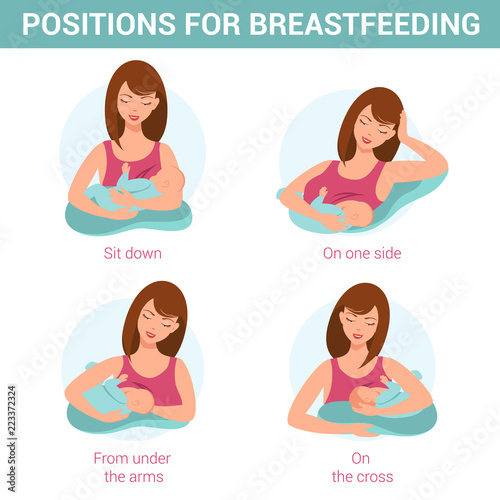 Breastfeeding position. Mother feeds baby with breast. Colorful cartoon character mother feeding baby.