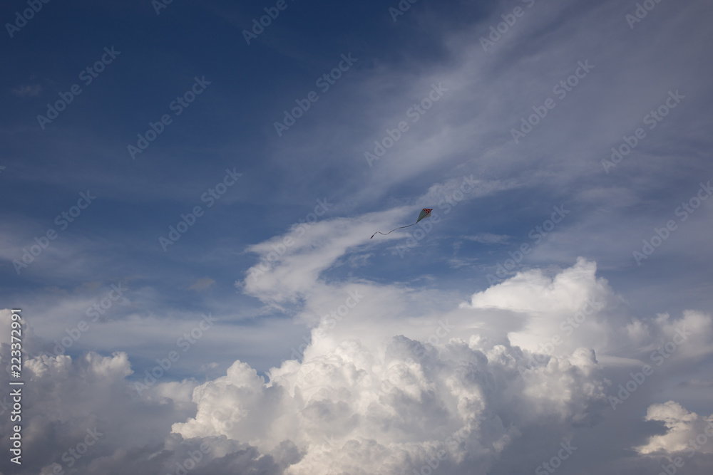 kite and Cumulus clouds and sun in the sky - obrazy, fototapety, plakaty 