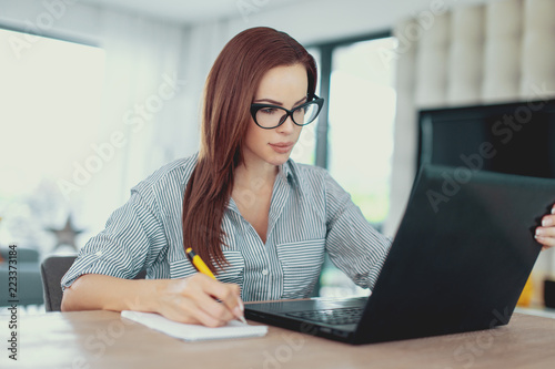 Young diligent woman writing notes at laptop