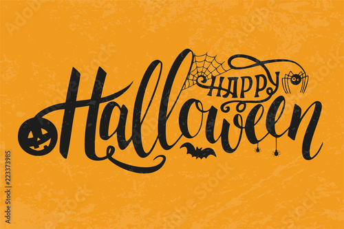 Illustration for Halloween. Happy Halloween Text Banner. Poster for Halloween on yellow background. Autumn poster with pumpkin, web, bat, spider. photo